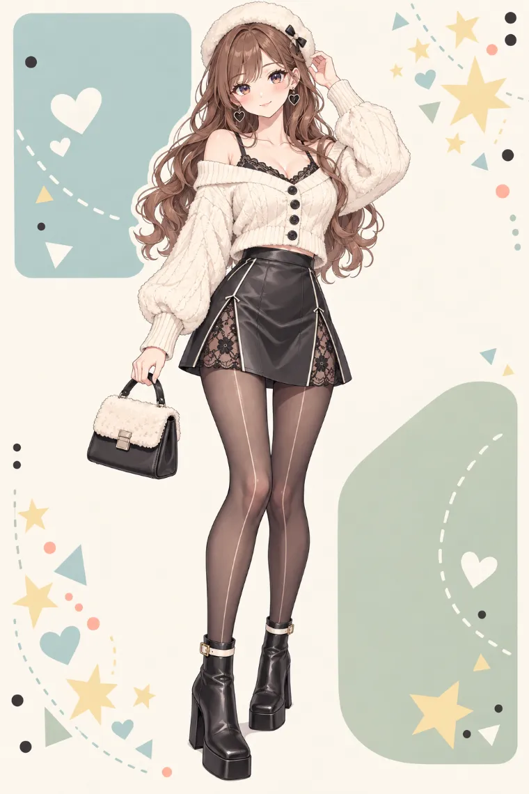 AIイラスト版｜アイボリーのふわふわカーディガンと黒レザーAラインミニスカートのお姉さん地雷コーデ
