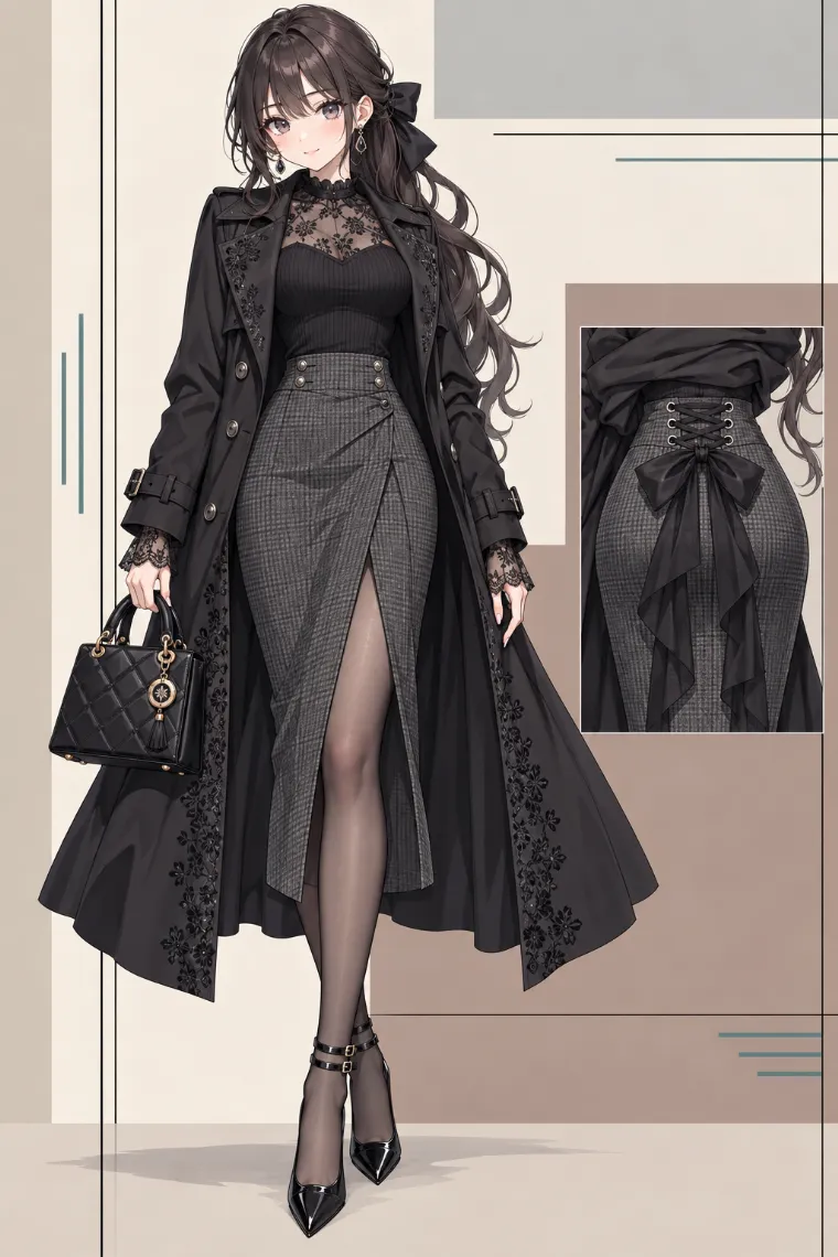 AIイラスト版｜黒のロングトレンチとグレーのペンシルスカートに黒パンプスを合わせたお姉さん地雷コーデ