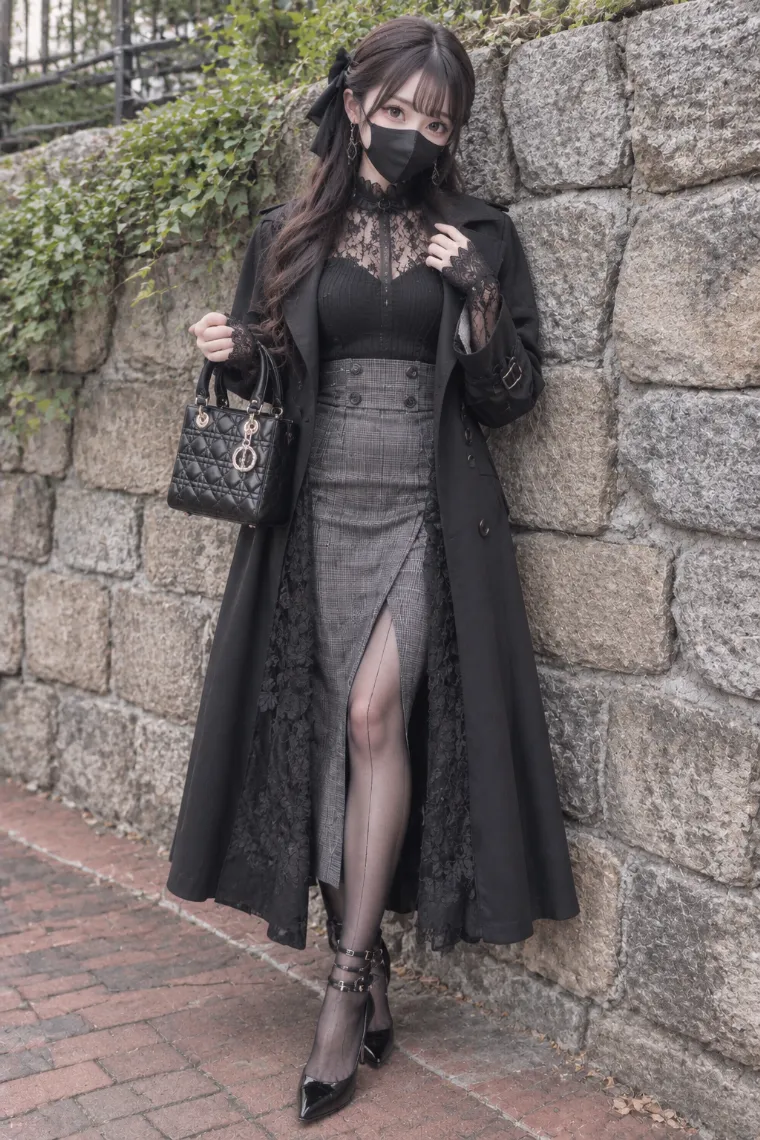 実写AI版｜黒のロングトレンチとグレーのペンシルスカートに黒パンプスを合わせたお姉さん地雷コーデ