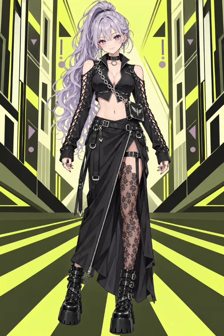 AIイラスト版｜黒クロップドジャケットとハイスリット入りラップロングスカート、厚底ブーツのお姉さん地雷コーデ