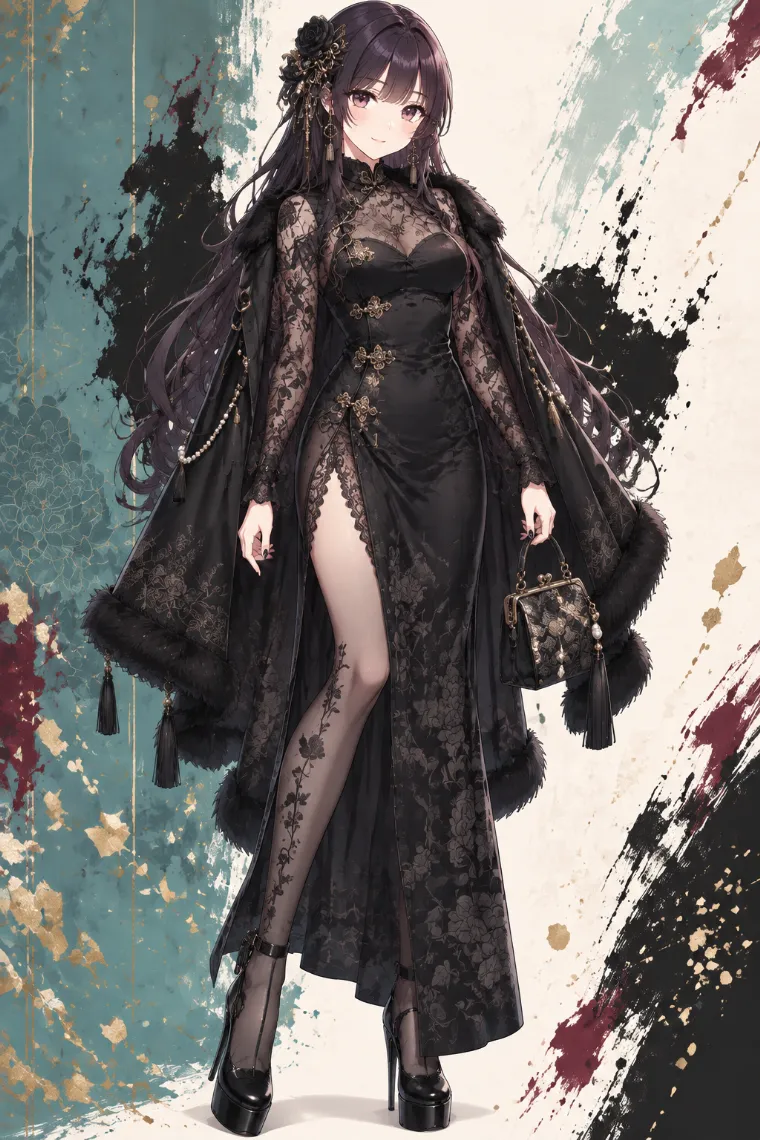 AIイラスト版｜黒ファーケープとハイスリット入りロングドレスを合わせたダークなお姉さん地雷コーデ