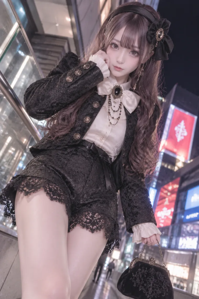 実写AI版｜黒ブロケードジャケットとアイボリーブラウス、黒ショートパンツを合わせたお姉さん地雷コーデ