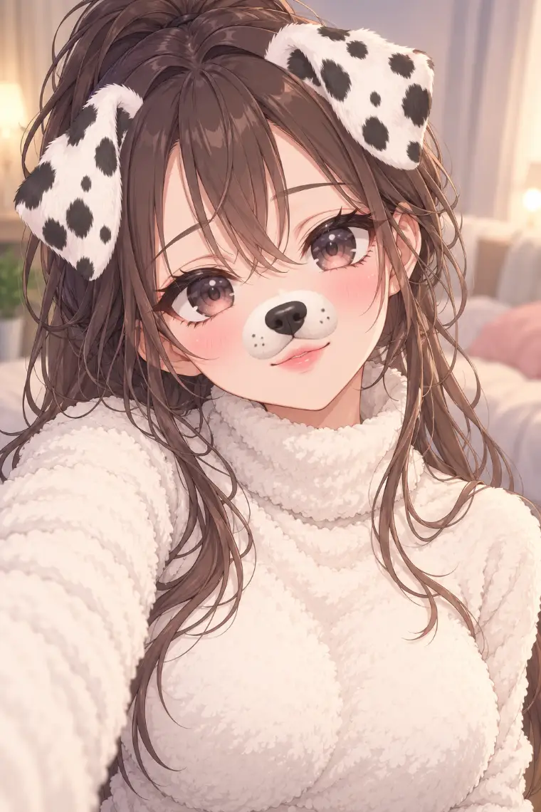 ダルメシアンの耳と鼻のAIフィルターを使って自撮りをする美少女キャラクターのAIイラスト