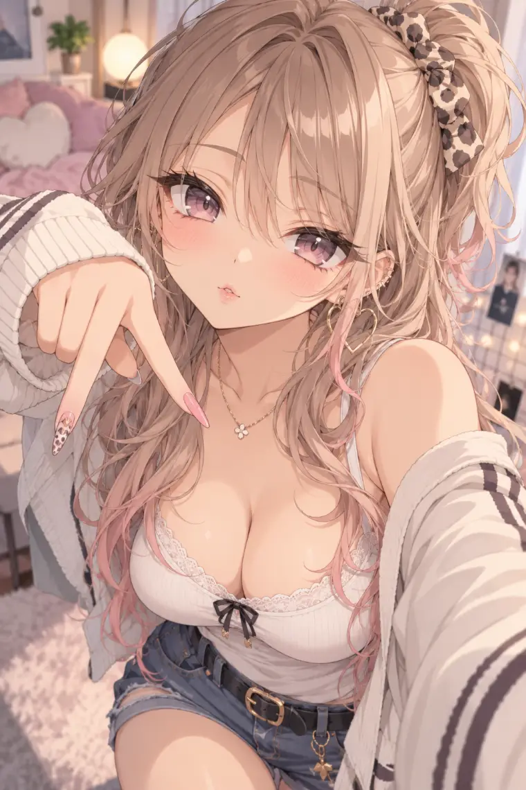 ギャルピースをして自撮りをする美少女キャラクターのAIイラスト
