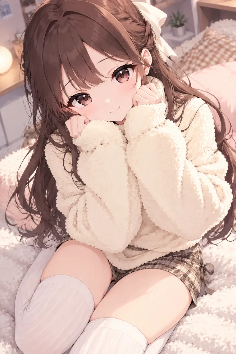 両頬にグーを添えるポーズで自撮りをする美少女キャラクターのAIイラスト