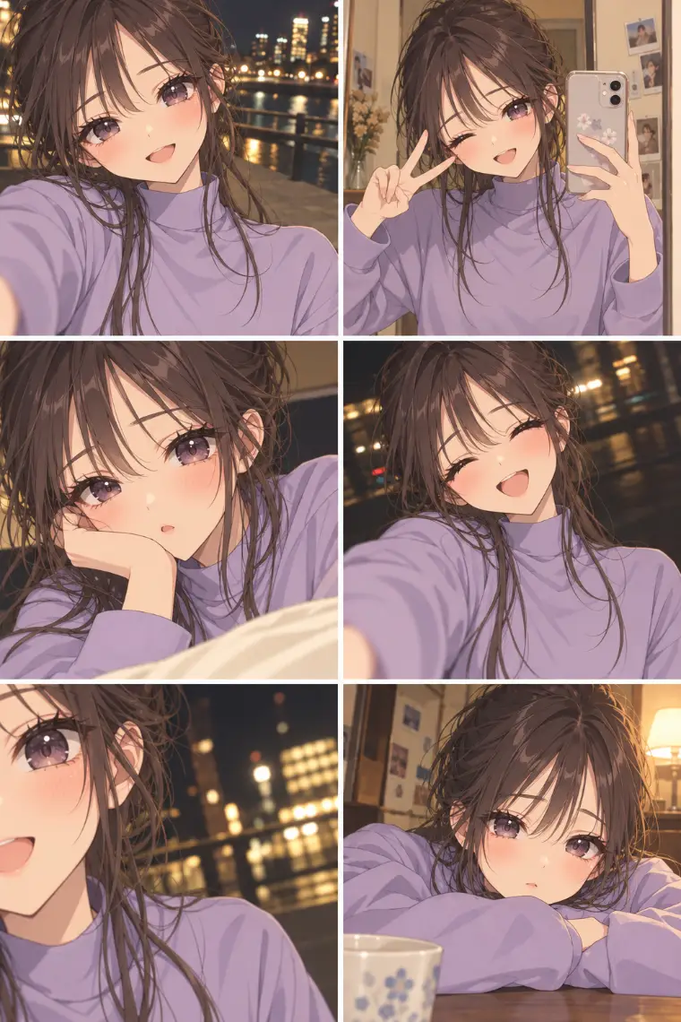 カメラ画面のスクショ風の画面に自撮りをする美少女キャラクターが写っているAIイラスト