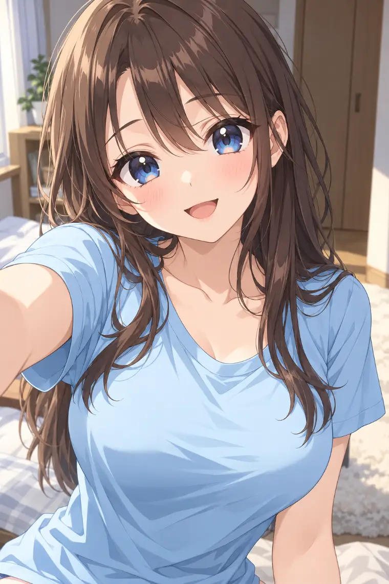 スマホ自撮りをする美少女キャラクターのAIイラスト