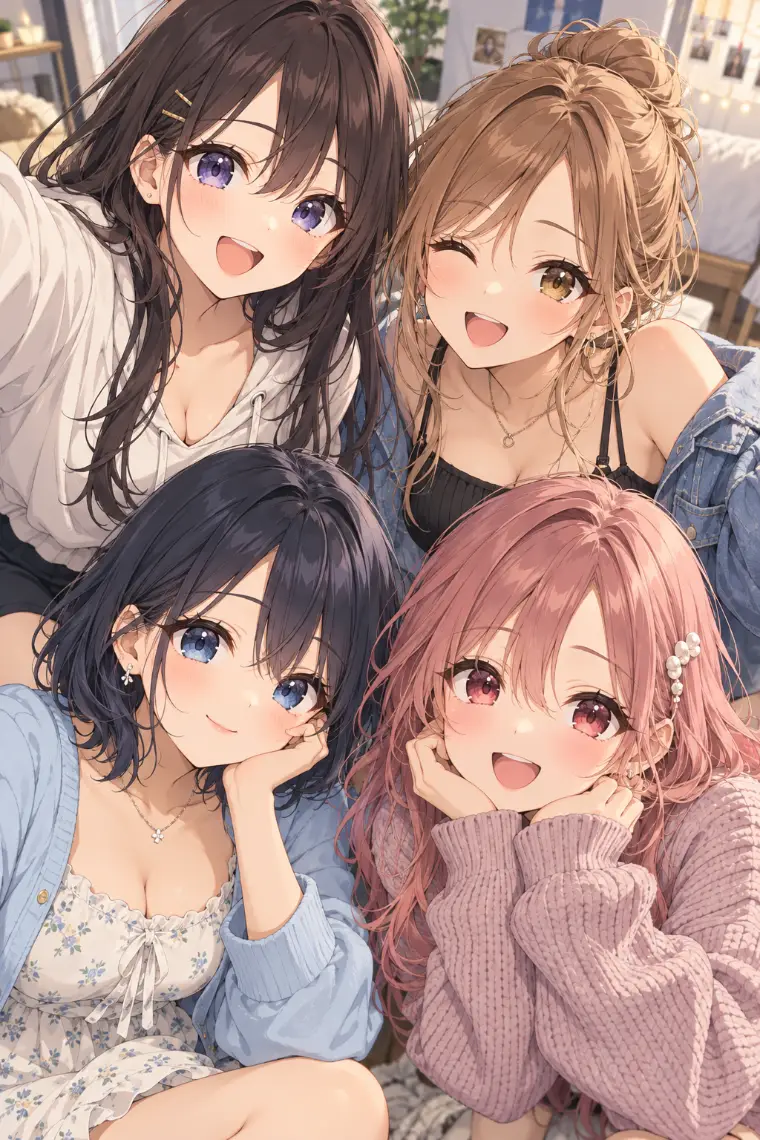 グループで自撮りをする美少女キャラクターのAIイラスト