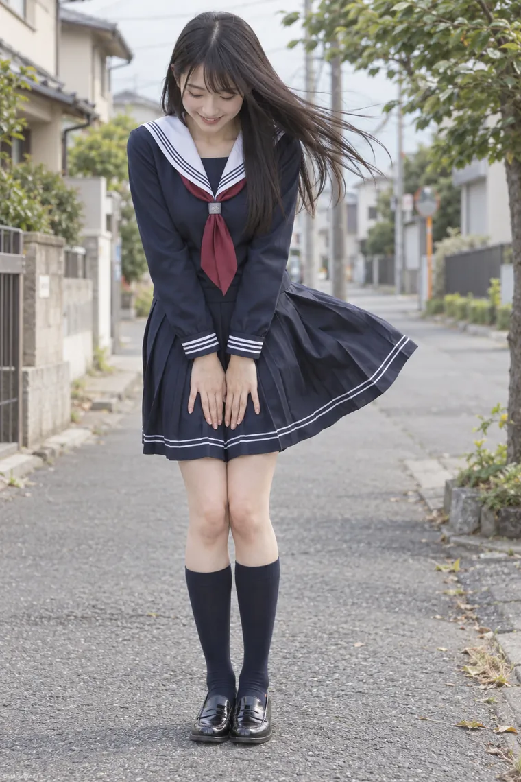 実写AI版｜風で舞い上がるスカートを前かがみで押さえるポーズ｜スカートふわりのポーズ