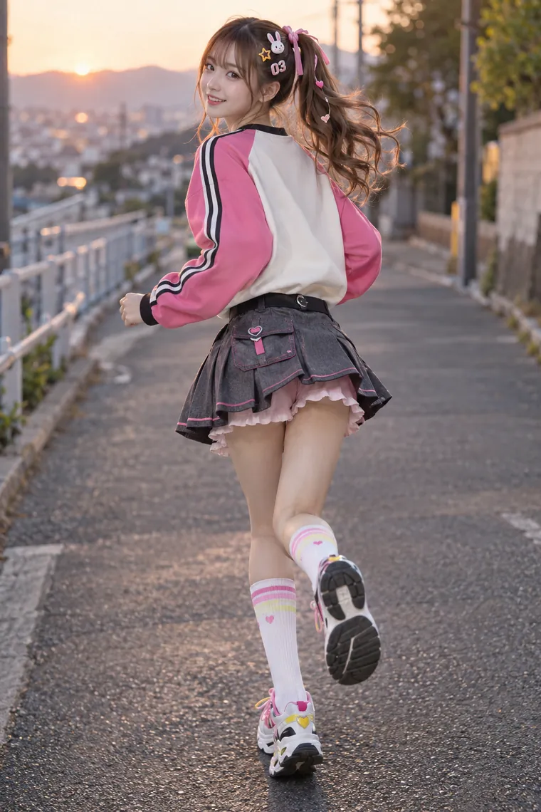 実写AI版｜走りながら振り返り、スカートをなびかせるポーズ｜スカートふわりのポーズ
