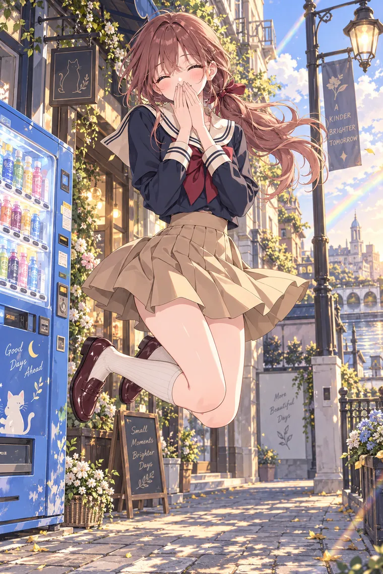 AIイラスト版｜口元を手で隠して笑うジャンプポーズ｜スカートふわりのポーズ