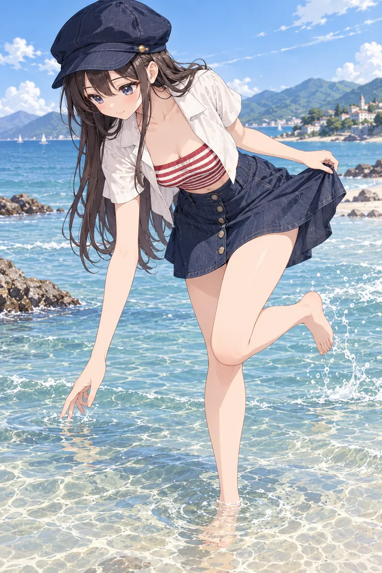 AIイラスト版｜浅瀬でスカートを持ち上げ、水面へ手を伸ばすポーズ｜スカートふわりのポーズ