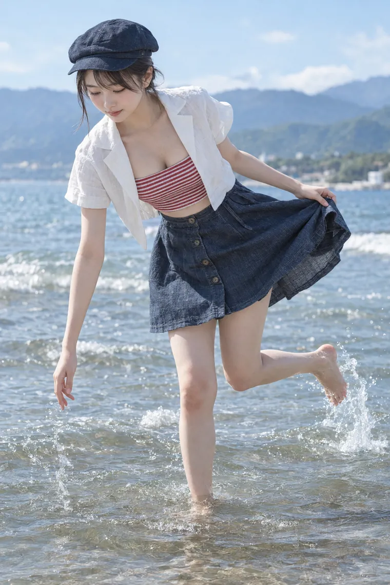実写AI版｜浅瀬でスカートを持ち上げ、水面へ手を伸ばすポーズ｜スカートふわりのポーズ