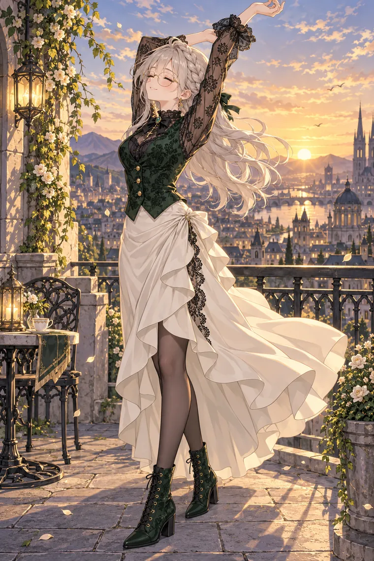 AIイラスト版｜夕風の中で腕を伸ばし、目を閉じるポーズ｜スカートふわりのポーズ