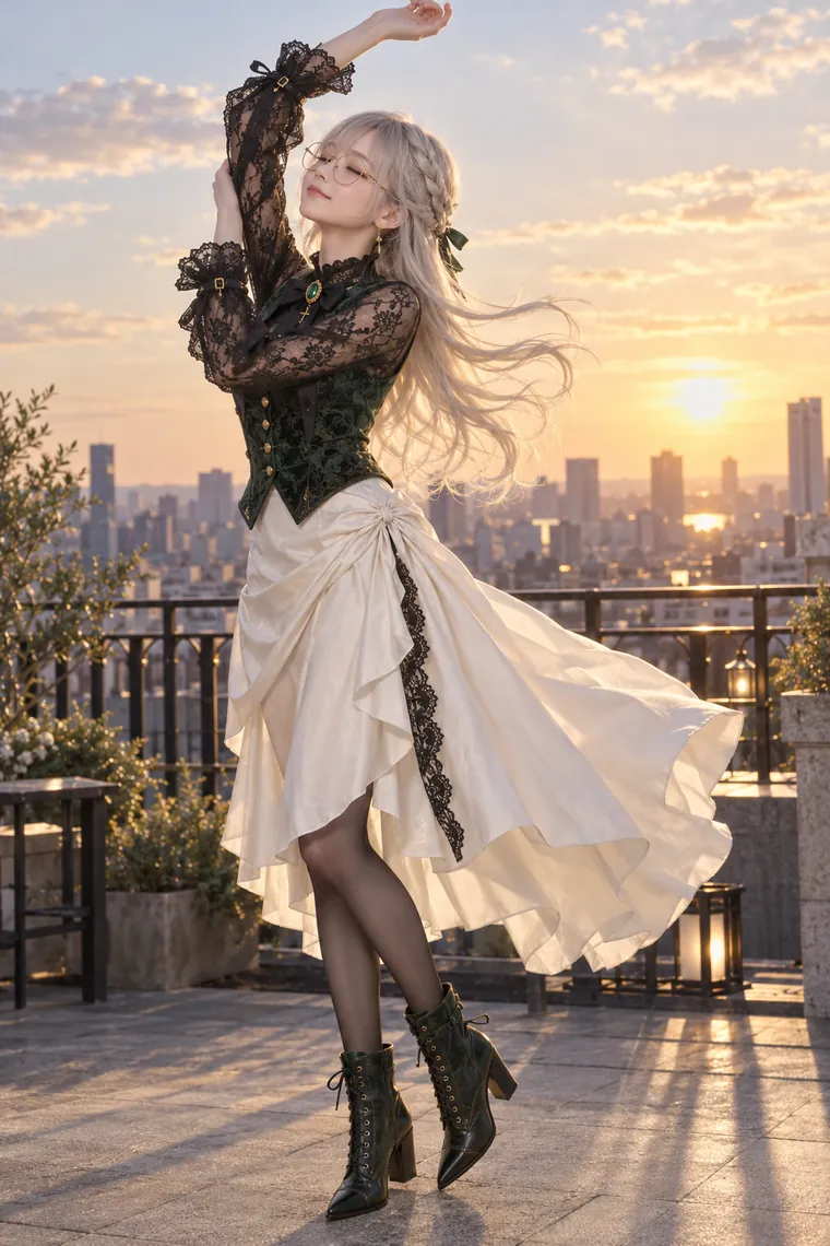 実写AI版｜夕風の中で腕を伸ばし、目を閉じるポーズ｜スカートふわりのポーズ