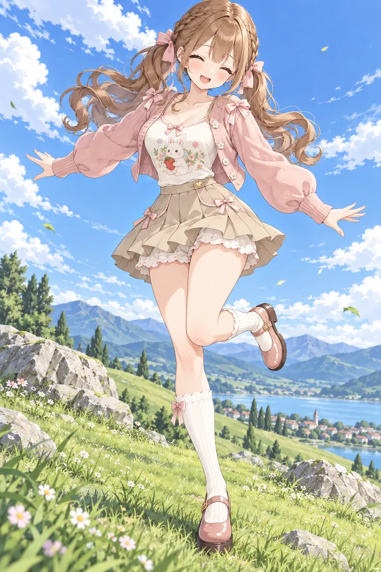 AIイラスト版｜両腕を広げ、片脚を跳ね上げて笑うポーズ｜スカートふわりのポーズ