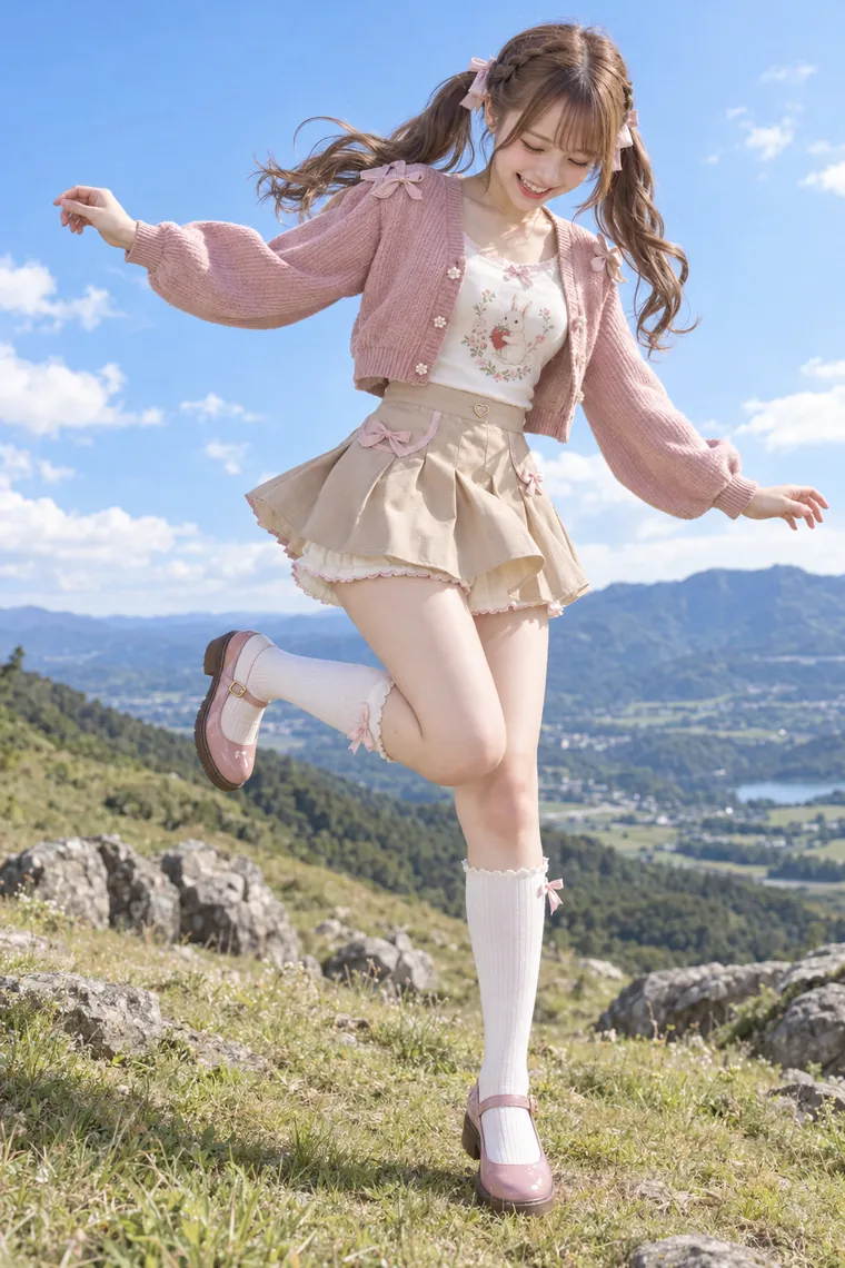 実写AI版｜両腕を広げ、片脚を跳ね上げて笑うポーズ｜スカートふわりのポーズ