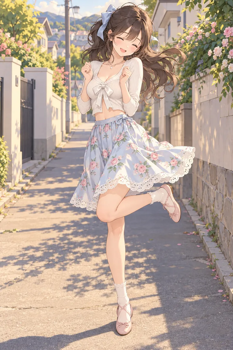 AIイラスト版｜胸元に手を寄せ、くるりと跳ねるポーズ｜スカートふわりのポーズ