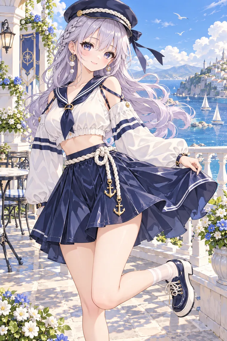 AIイラスト版｜片脚を後ろへ上げ、海辺でスカートを広げるポーズ｜スカートふわりのポーズ