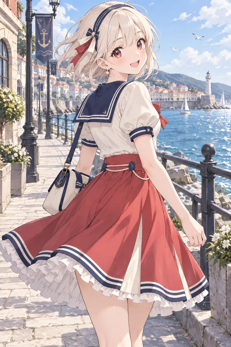 AIイラスト版｜海辺を歩き、振り返って笑いかけるポーズ｜スカートふわりのポーズ