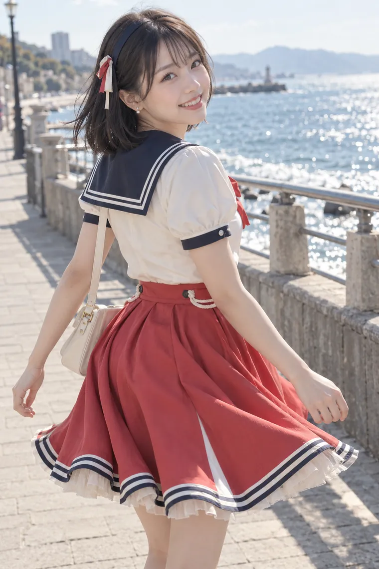 実写AI版｜海辺を歩き、振り返って笑いかけるポーズ｜スカートふわりのポーズ