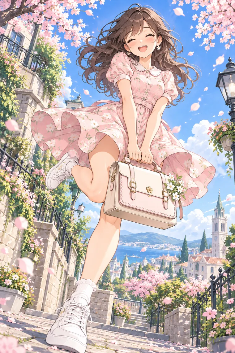 AIイラスト版｜バッグを両手で持ち、桜の下で跳ぶポーズ｜スカートふわりのポーズ