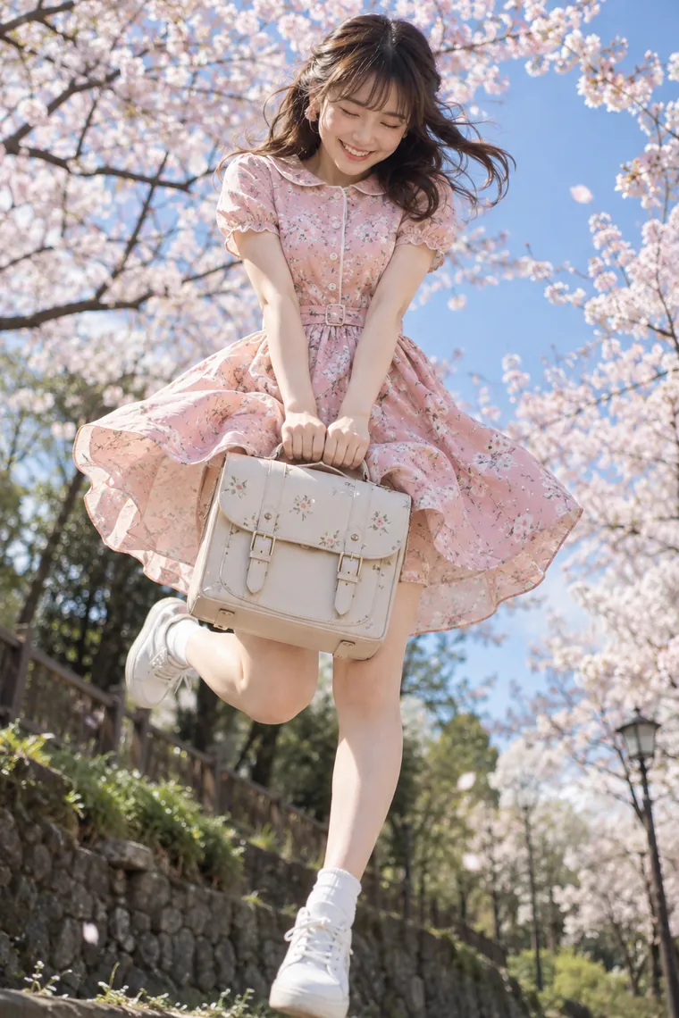 実写AI版｜バッグを両手で持ち、桜の下で跳ぶポーズ｜スカートふわりのポーズ