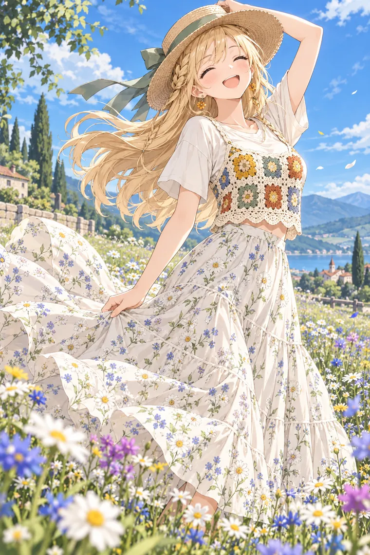 AIイラスト版｜花の中で片腕を伸ばして回るポーズ｜スカートふわりのポーズ
