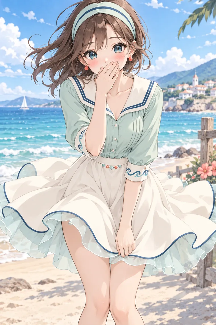 AIイラスト版｜海辺で口元に手を添え、前かがみになるポーズ｜スカートふわりのポーズ