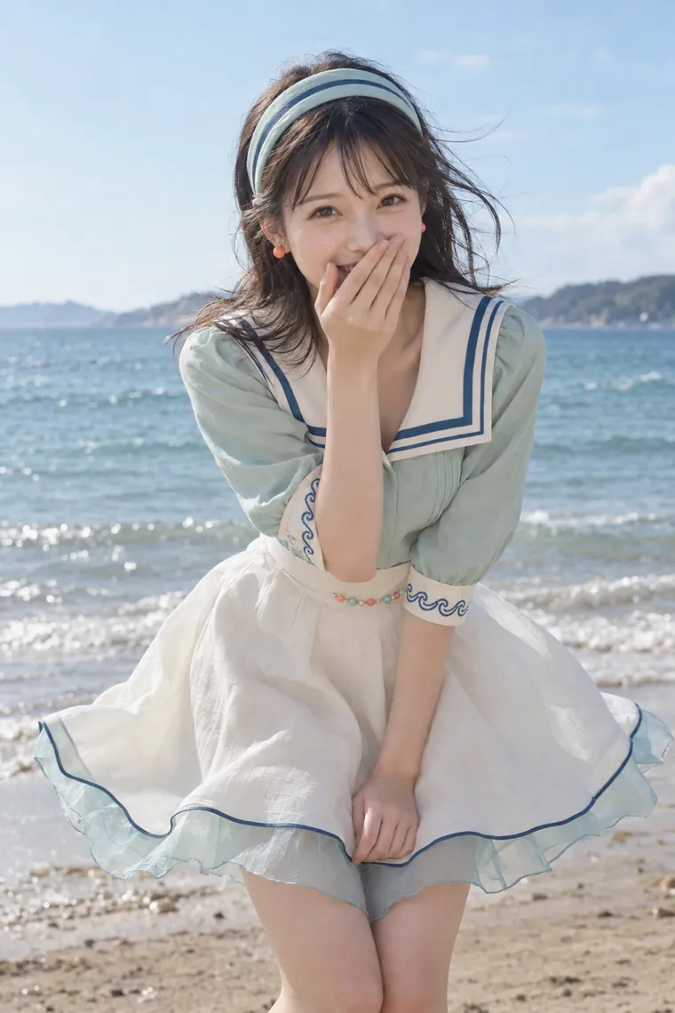 実写AI版｜海辺で口元に手を添え、前かがみになるポーズ｜スカートふわりのポーズ