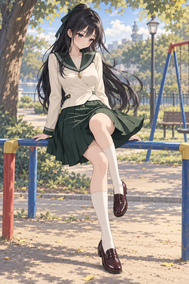 AIイラスト版｜公園の低い手すりに腰掛け、脚を曲げるポーズ｜スカートふわりのポーズ