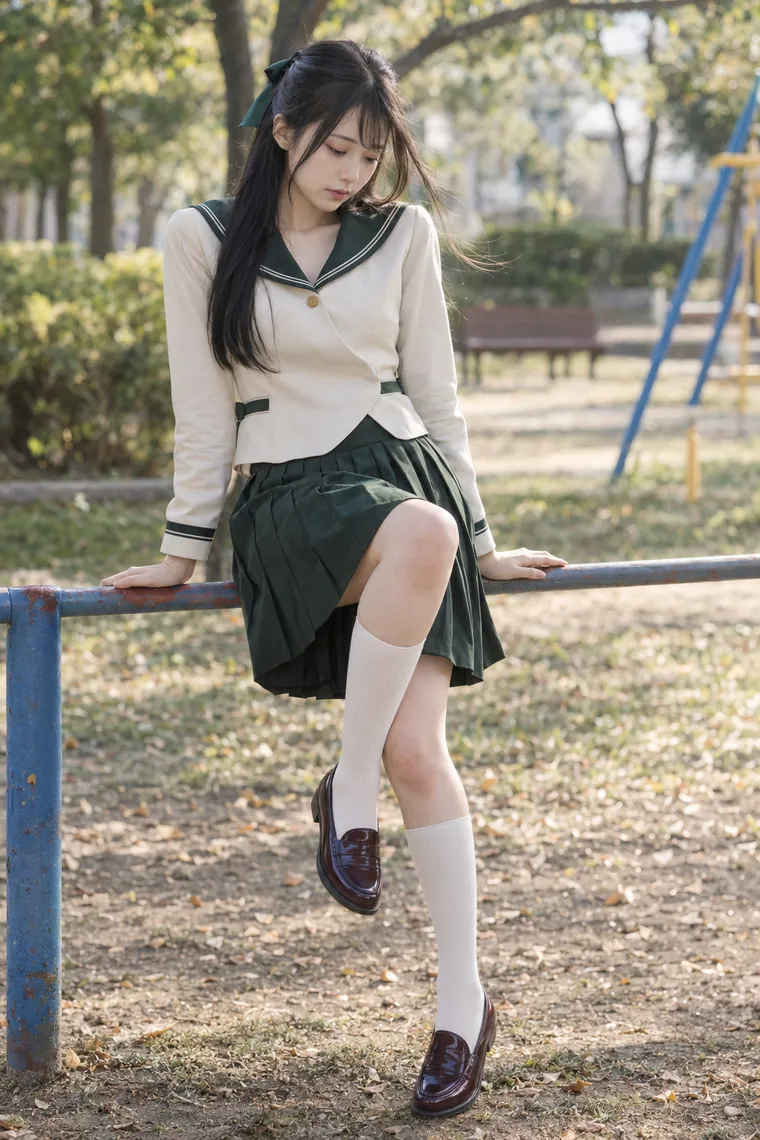 実写AI版｜公園の低い手すりに腰掛け、脚を曲げるポーズ｜スカートふわりのポーズ