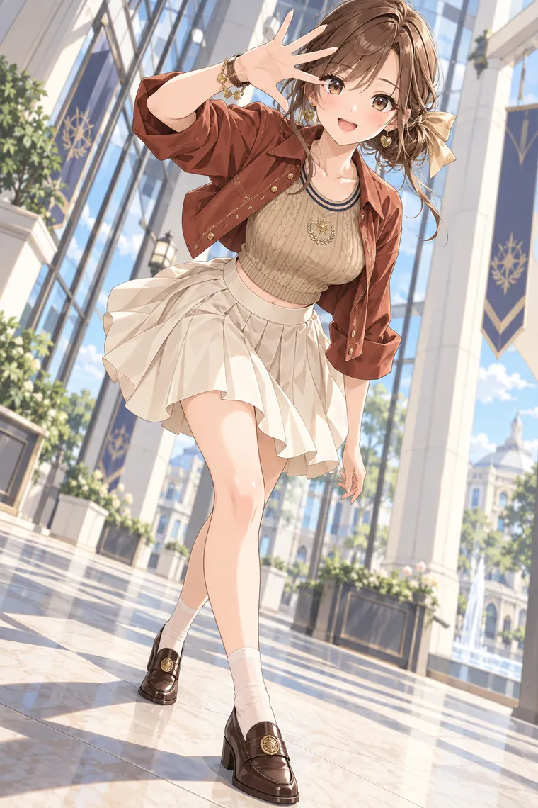 AIイラスト版｜顔のそばで手を広げ、前へ踏み込むポーズ｜スカートふわりのポーズ