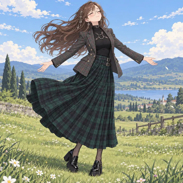 AIイラスト版｜草原で両腕を広げて風を受けるポーズ｜スカートふわりのポーズ
