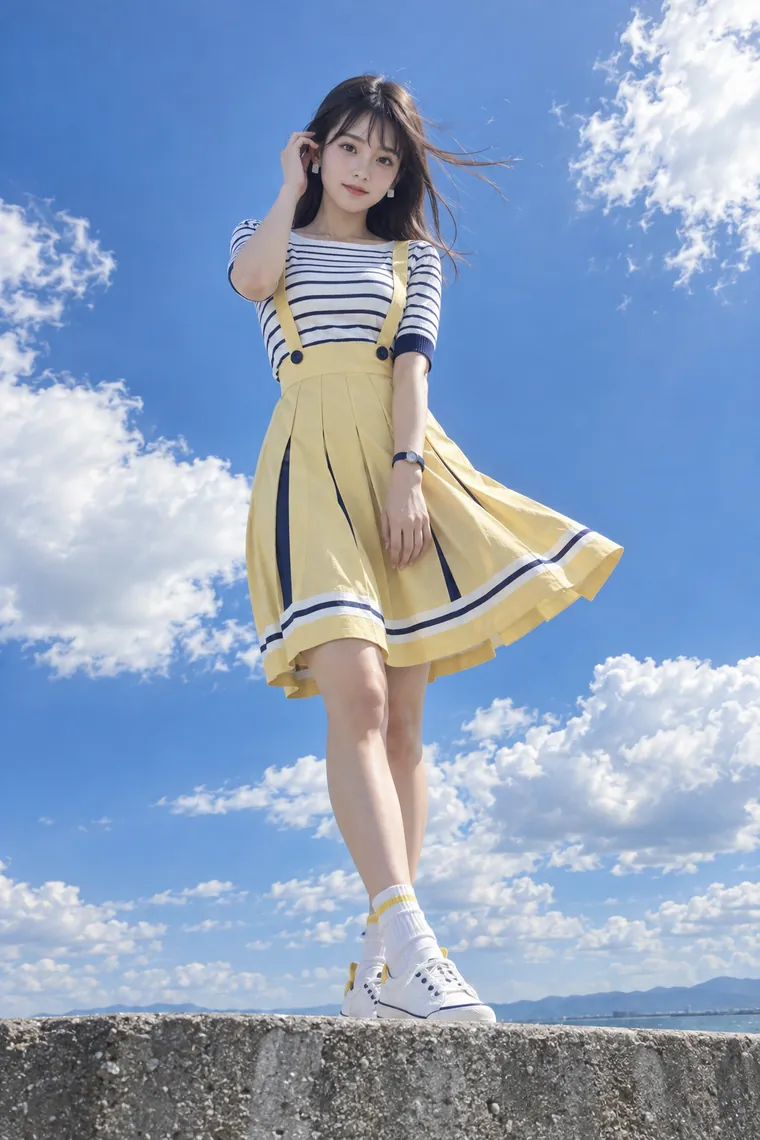 実写AI版｜こめかみに手を添え、風を受けて立つポーズ｜スカートふわりのポーズ