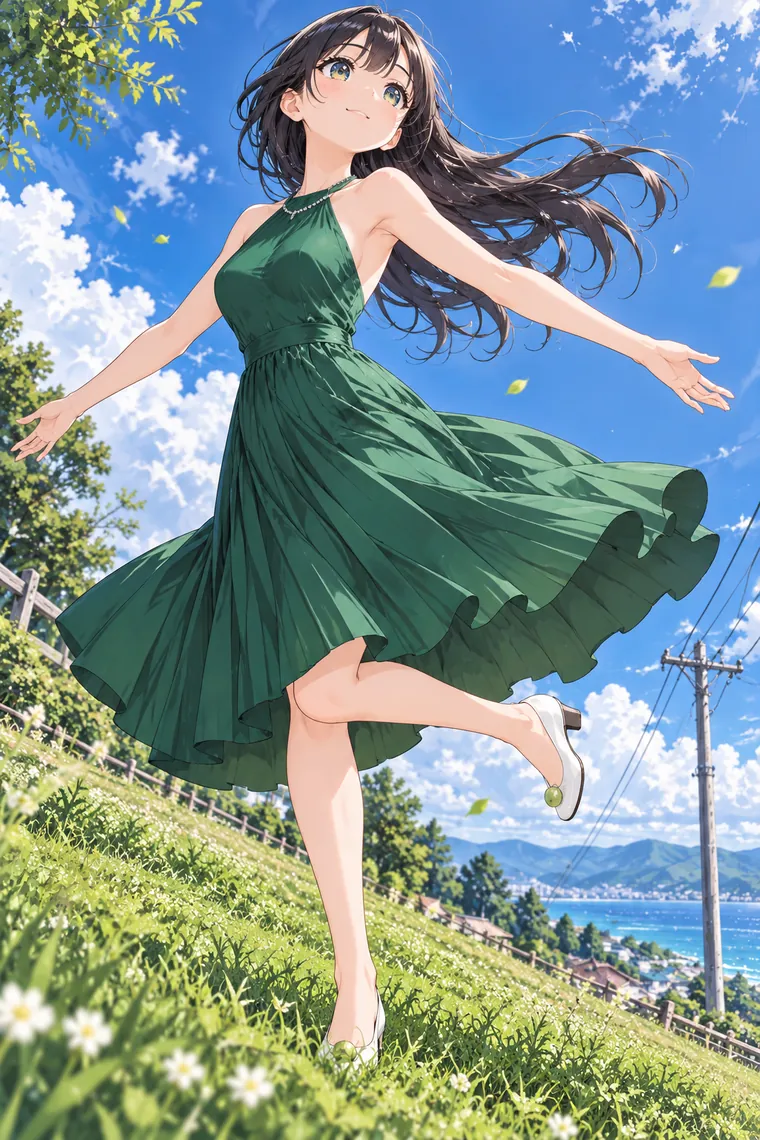 AIイラスト版｜草地で両腕を広げ、片脚を後ろへ曲げるポーズ｜スカートふわりのポーズ