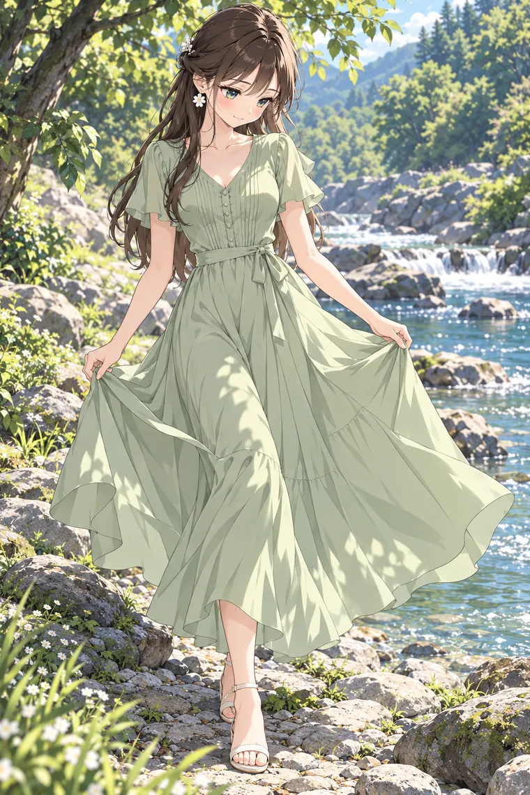 AIイラスト版｜川辺で裾を広げ、軽く踏み替えるポーズ｜スカートふわりのポーズ