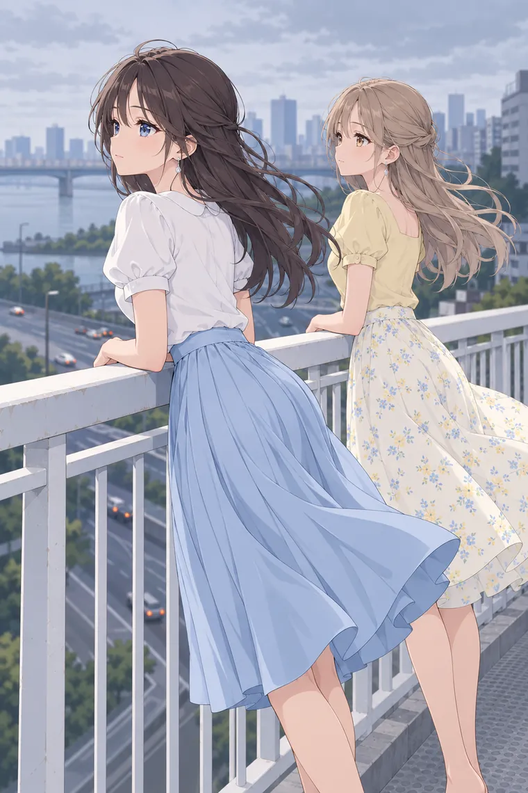 AIイラスト版｜手すりに腕を預け、風を受ける二人のポーズ｜スカートふわりのポーズ