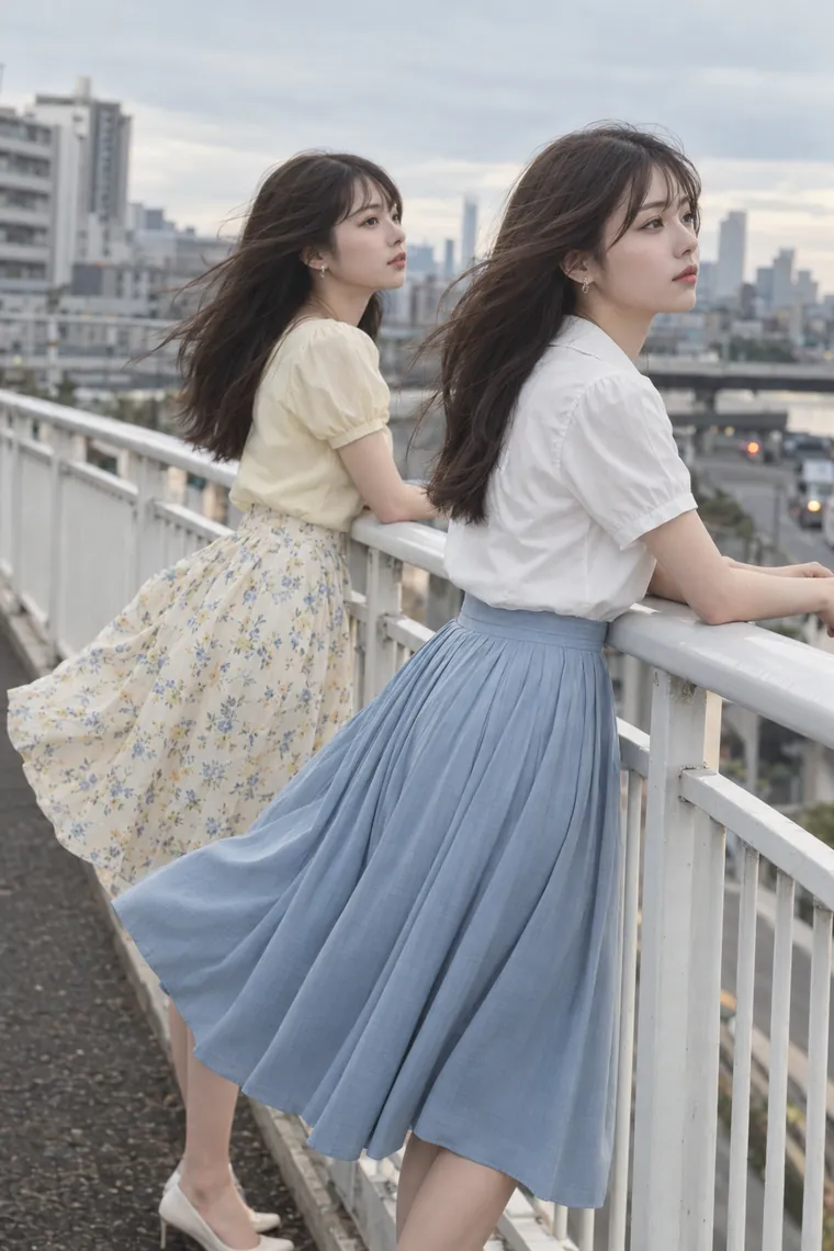 実写AI版｜手すりに腕を預け、風を受ける二人のポーズ｜スカートふわりのポーズ