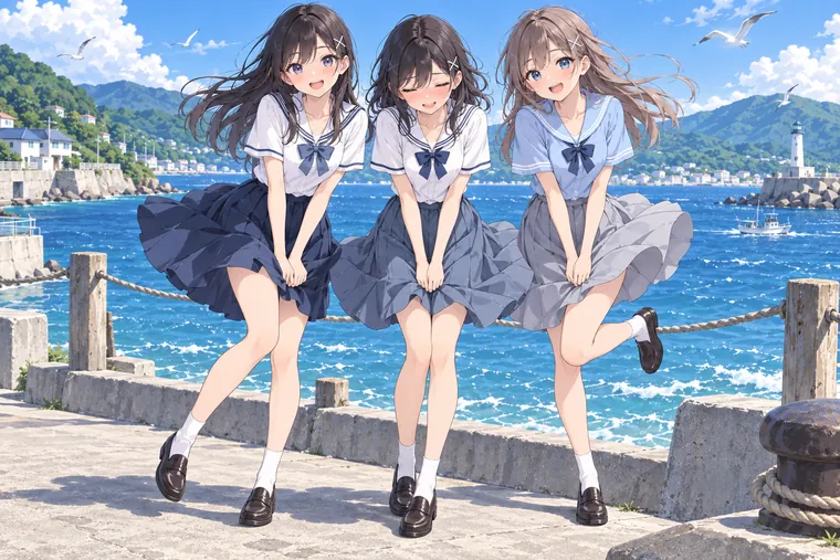 AIイラスト版｜海辺で肩を寄せ、スカートを押さえる三人のポーズ｜スカートふわりのポーズ