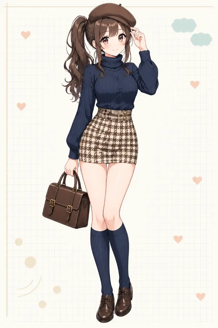 AIイラスト版｜ネイビーのリブタートル、ブラウンの千鳥格子ミニ、紺のハイソックスと革靴