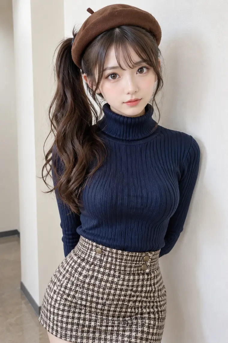実写AI版｜ネイビーのリブタートル、ブラウンの千鳥格子ミニ、紺のハイソックスと革靴