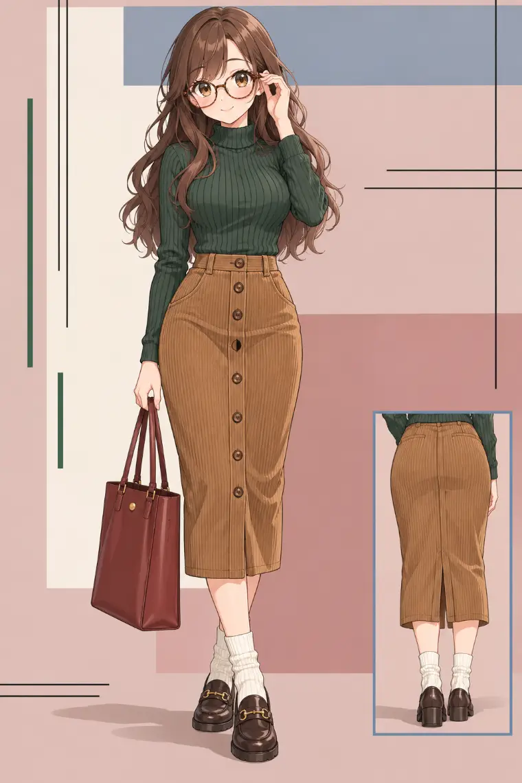 AIイラスト版｜深緑のリブハイネック、ブラウンのコーデュロイペンシルスカート、べっ甲メガネ