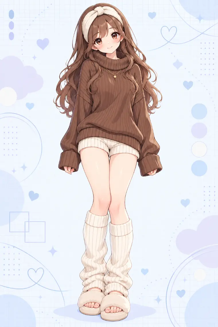 AIイラスト版｜ココアブラウンのゆったりタートル、アイボリーのニットショーツ、リブレッグウォーマー