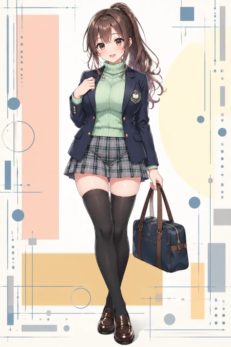 AIイラスト版｜ミントグリーンのタートル、紋章付きネイビーブレザー、タータンチェックのプリーツミニ