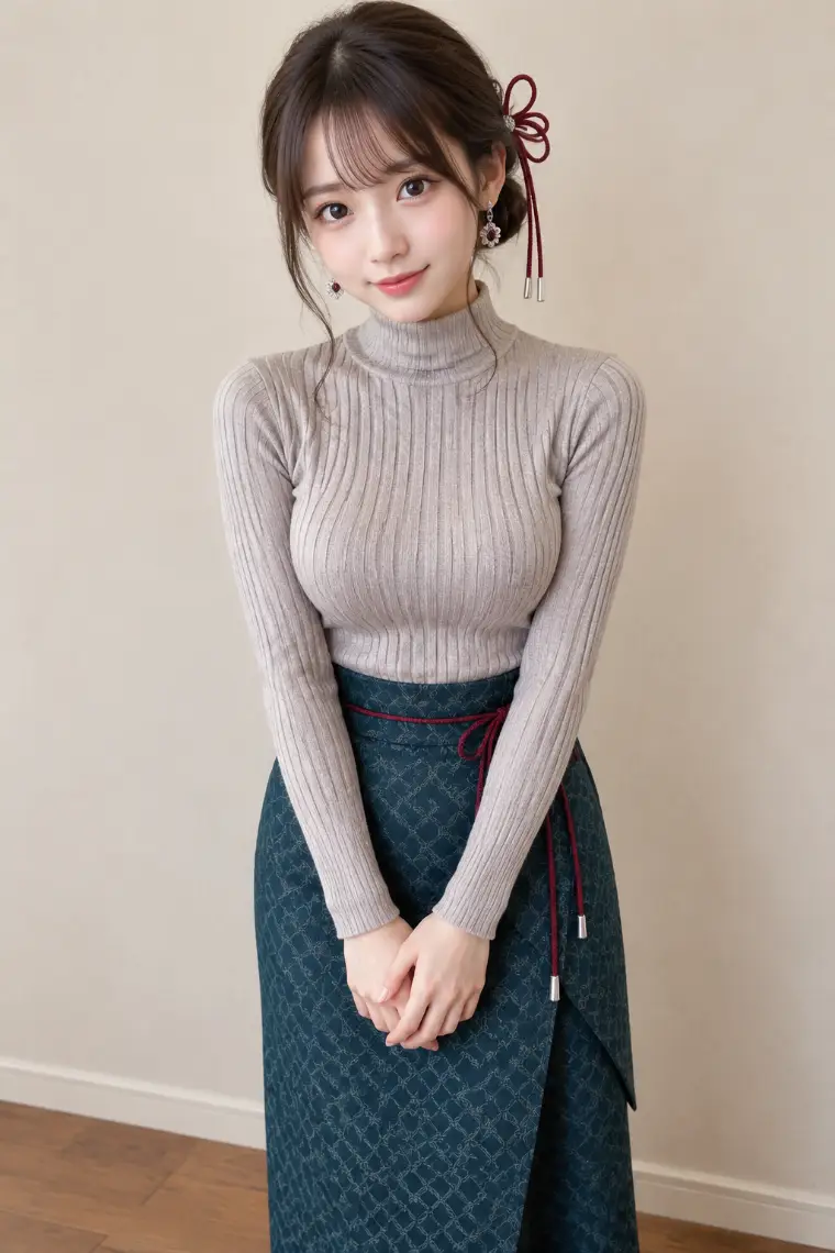 実写AI版｜ウォームグレーのリブタートル、幾何学柄の深いティール色ラップスカート、えんじの腰紐