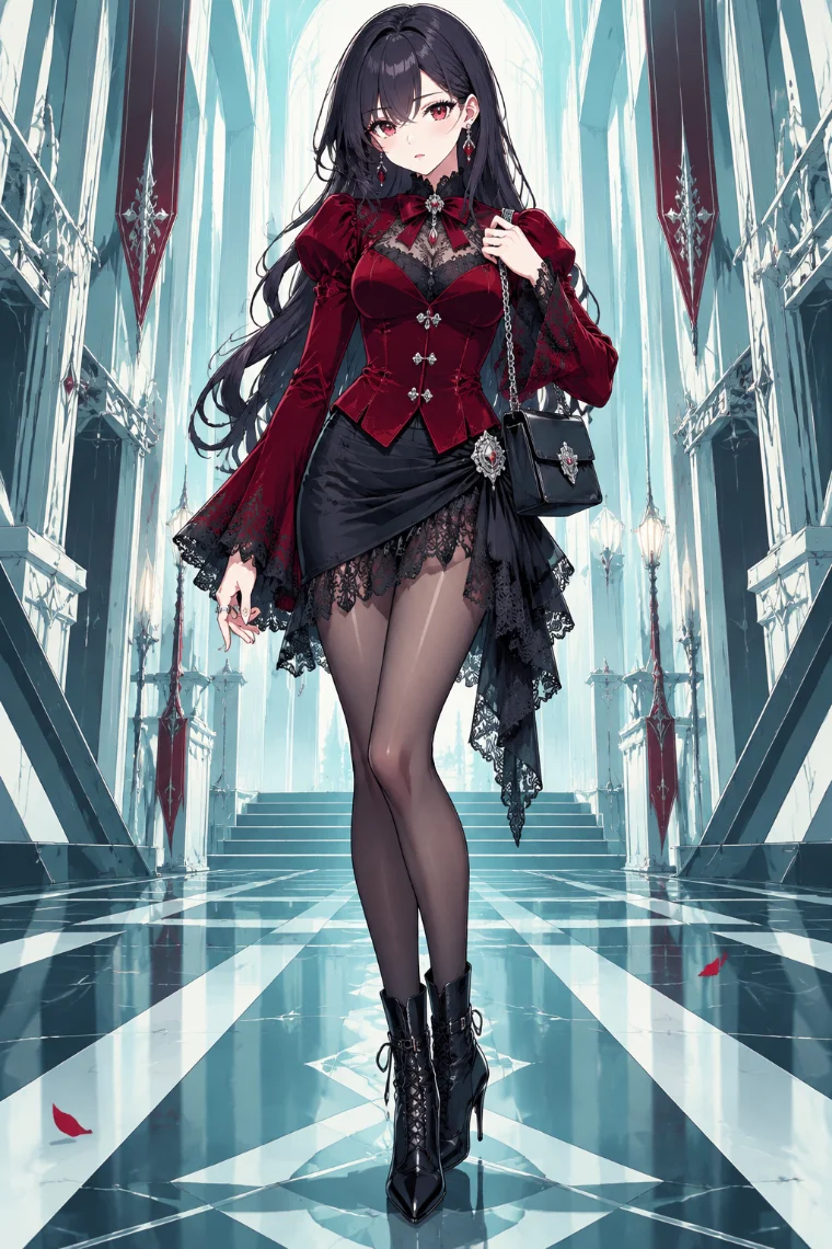 AIイラスト版｜深紅のベルベットジャケット、黒のドレープミニスカート、編み上げアンクルブーツ