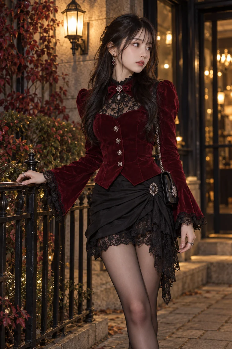 実写AI版｜深紅のベルベットジャケット、黒のドレープミニスカート、編み上げアンクルブーツ