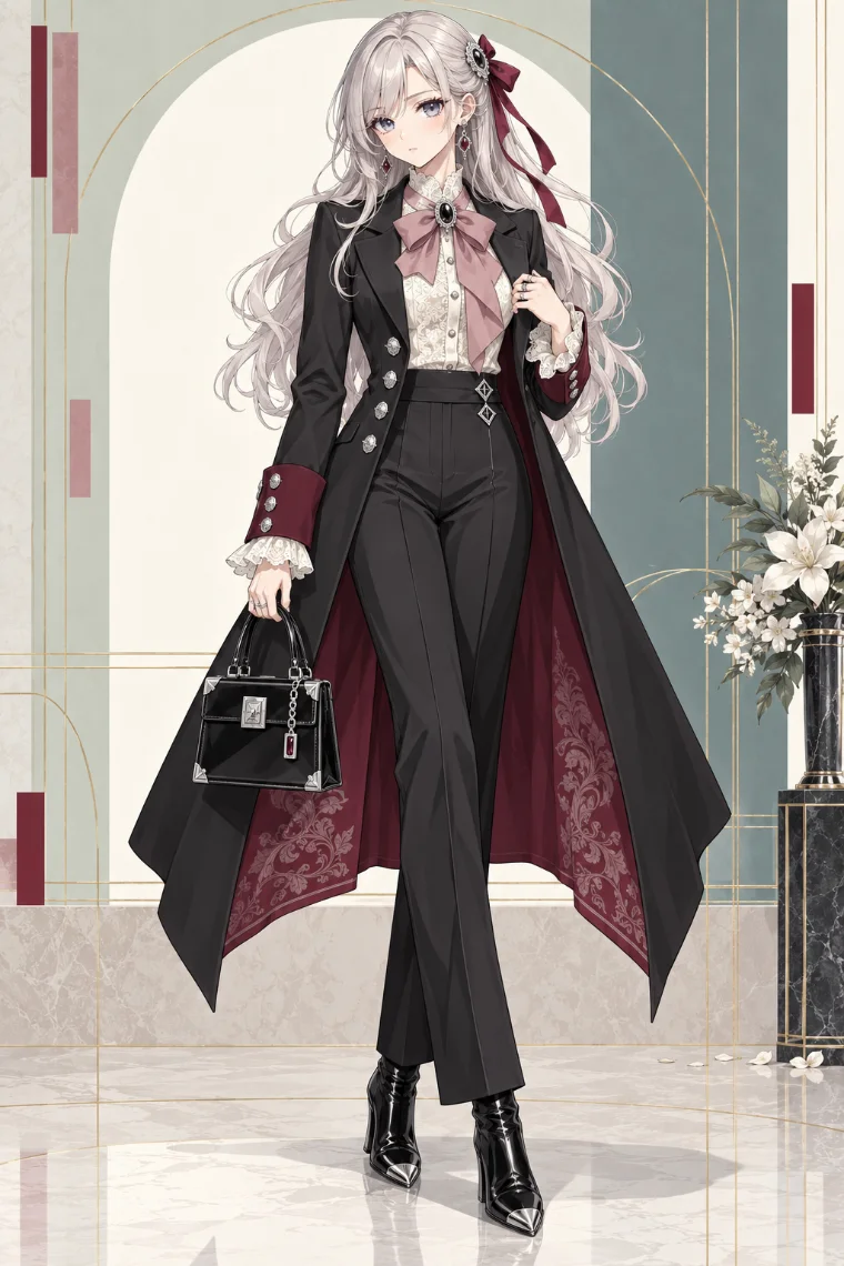 AIイラスト版｜黒のロングテーラードコート、アイボリーのレースブラウス、黒のストレートパンツ