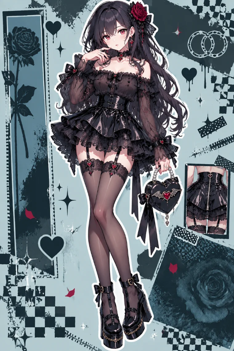 AIイラスト版｜黒のシアーオフショルブラウス、光沢フレアミニ、ガーター付き黒ストッキング